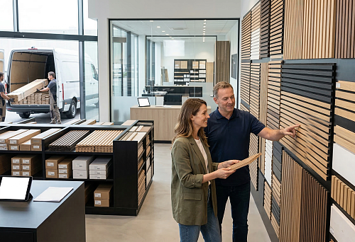 Where to buy slatted panels in a showroom with samples of textures, colors and sizes