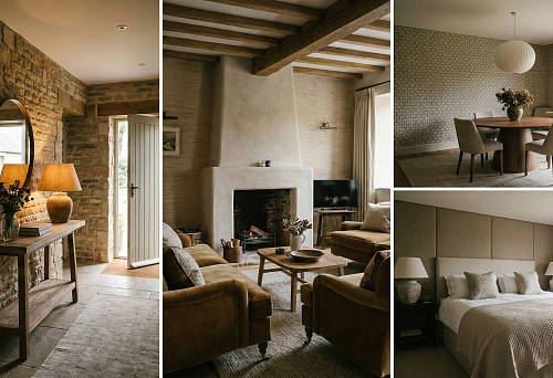 hallway with decorative wall finishing in natural stone and wooden furniture