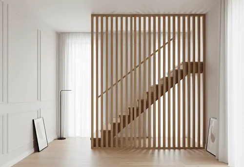 Minimalist Interior with Flat Wooden Balusters and Concise Polyurethane Wall Decor