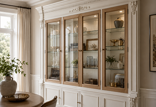 Wooden glazing bead and polyurethane molding for finishing glass fronts