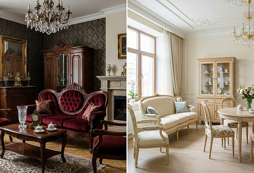 Classical furniture in the interior: a dark living room with a burgundy sofa and carved wooden furniture