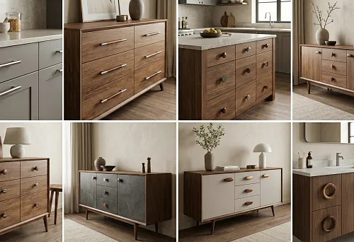 Современные мебельные ручки на серых кухонных фасадах в минималистичном стиле.