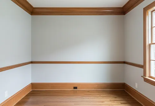 Интерьер с деревянным плинтусом, карнизом и профильными элементами, образующими единую декоративную линию по периметру комнаты.