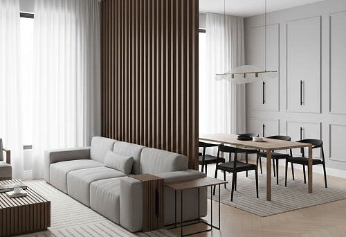 Wooden slatted partition and furniture on light legs in a modern interior &mdash; zoning the living and dining areas while preserving light, air, and visual freedom of space.