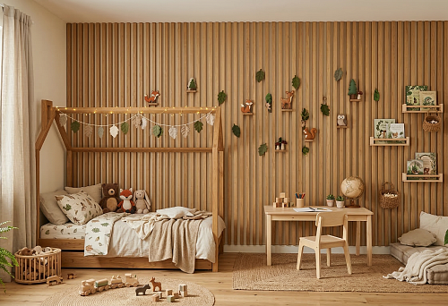 Slat panels in a children's interior with a wooden bed, toys, and a warm natural palette