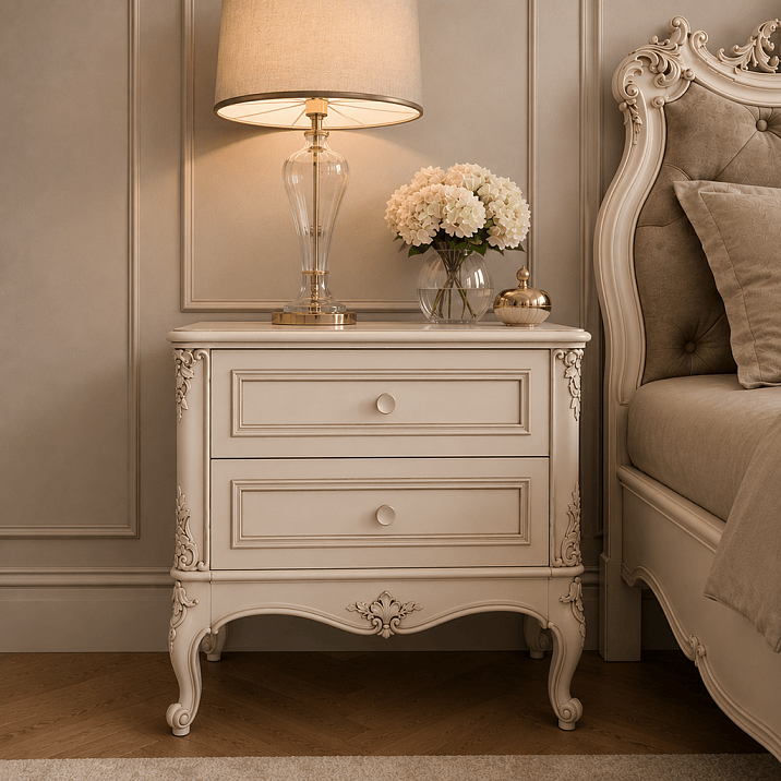 Classic bedside table Versailles 012-001 for an elegant bedroom interior.