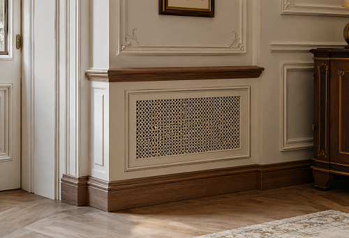 Decorative pipe box with wooden trim and polyurethane molding