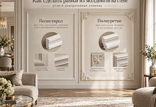 Decorative wall frames made of polyurethane mouldings with symmetrical geometry and classic stucco