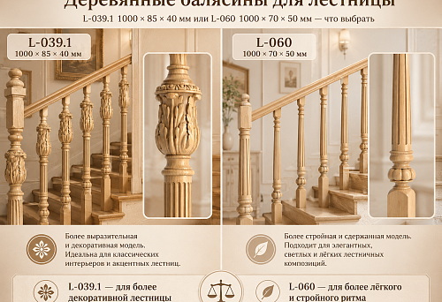 Wooden balusters L-039.1 size 1000 &times; 85 &times; 40 mm and L-060 size 1000 &times; 70 &times; 50 mm for stairs