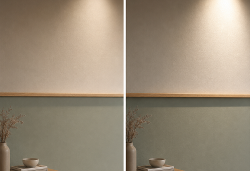 Wooden molding MLD-064 23&times;8 mm at the boundary of two wall colors under the grazing light of ceiling spotlights