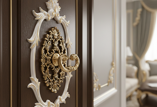 Designer furniture handle with polyurethane molding on a cabinet facade in a classic interior