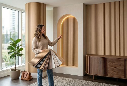 Flexible slatted panels for interior walls, columns, niches, and furniture with radius forms