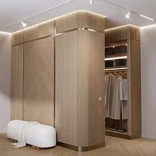 Interior slatted panel PAN-001 creates rhythm and texture on apartment walls