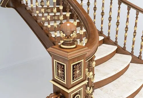 Classic staircase with wooden balusters and carved elements, secure mounting