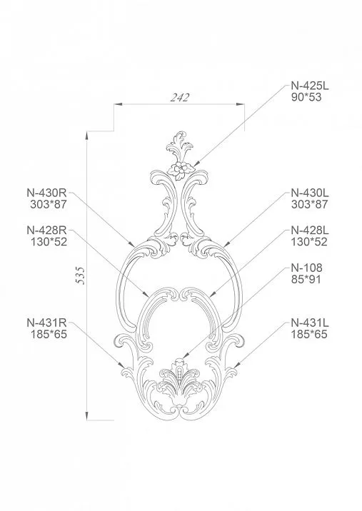Drawing of the decor set C-034 made of solid wood