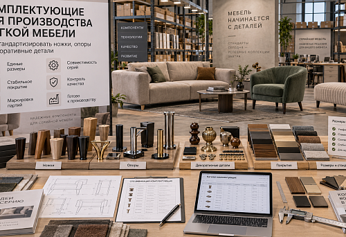 Components for upholstered furniture production &mdash; legs, supports, and decorative parts