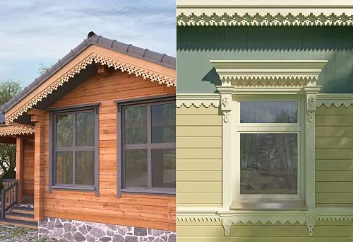 Country house made of wood with a decorative gable and windows in Russian style.