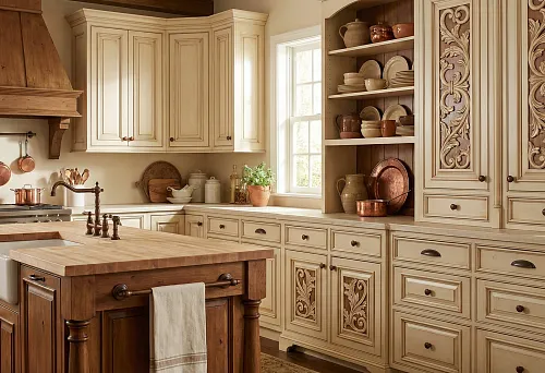 Wooden kitchen decor: classic furniture with wooden handles and carved overlays on the facades