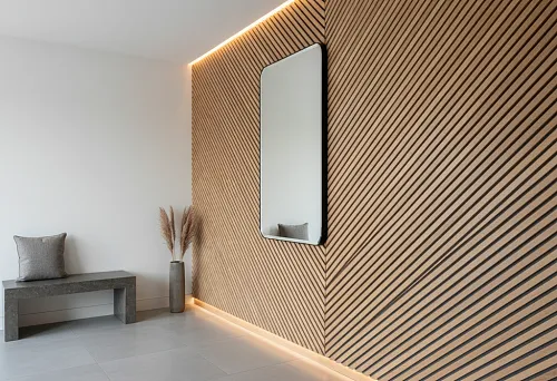 Modern Interior with Wooden Slat Wall Finishing and Lighting