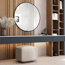 Carved wooden molding, interior photo with decorative furniture and wall finishing