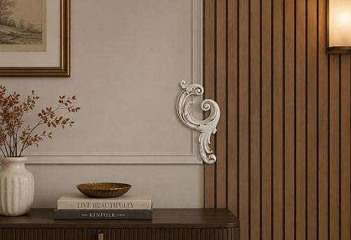 Right carved overlay NPU-459R 159 &times; 84 &times; 13 mm next to the slatted panels