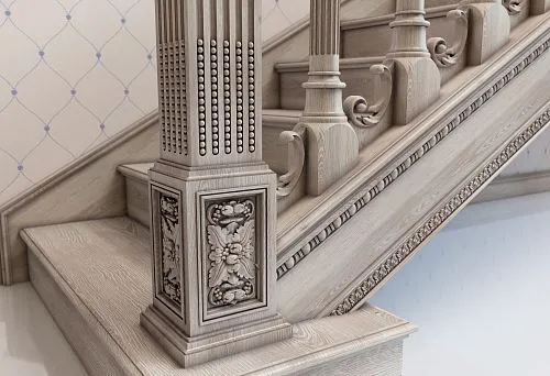 Decorative Staircase Post in Light Wood Tone
