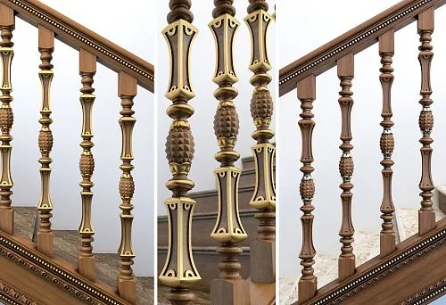 Decorative balusters with relief carving and gold inlays, installed on a wooden staircase