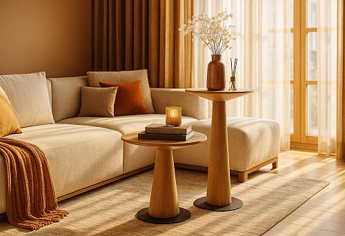 Modern cozy interior with sofa, wooden tables and soft light from the window