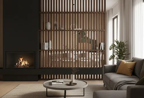 Modern living room with wooden slats, fireplace, and cozy interior
