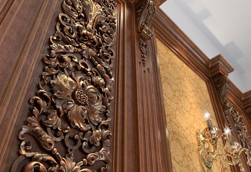 Elegant interior with wooden panels, carving, and gilded elements.