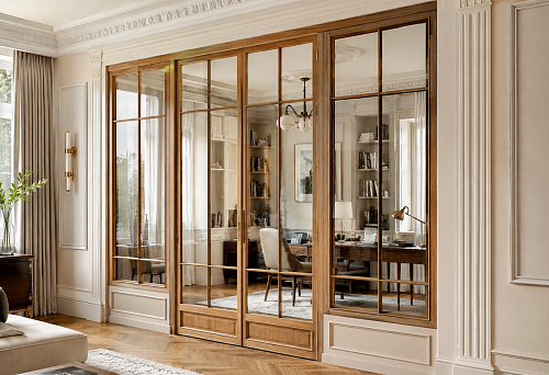 Classic-style glass partition with wooden glazing bead and polyurethane molding
