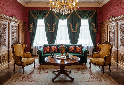 Interior in Russian Style with Russian Designer Furniture and Classic Moldings