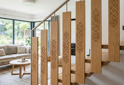 Flat Wooden Balusters with Carved Slavic Ornament in a Light Interior