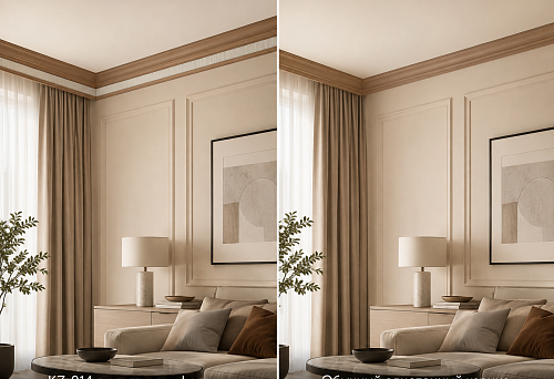 The interior is already approved in two colors: should you buy the KZ-014 cornice with a separate polyurethane frieze or choose a regular solid wood cornice?