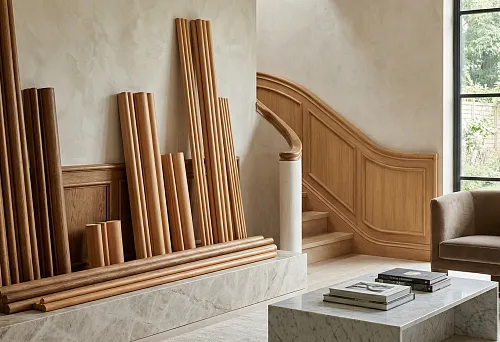 Round oak and beech moldings in interior: set of calibrated wooden profiles for stairs and wall panels