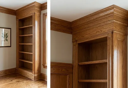 Wooden moldings in interior design: solid wood cornices and baseboards integrate built-in wardrobes with room architecture