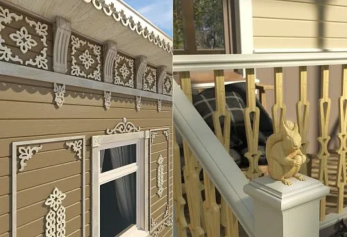 Country House Interior with Carved Facade Elements in Russian Style