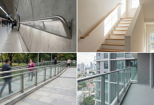 Stainless steel wall-mounted handrail at a subway station, installed to enhance passenger safety