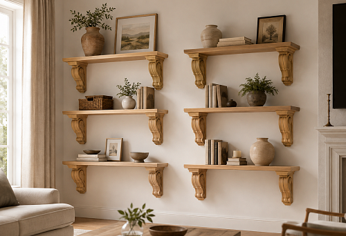 Carved wooden brackets KR-006 for six shelves in one interior