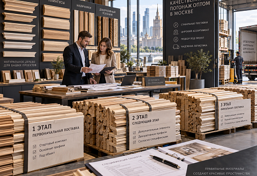 Finishing materials wholesale in Moscow and wooden trim for the site
