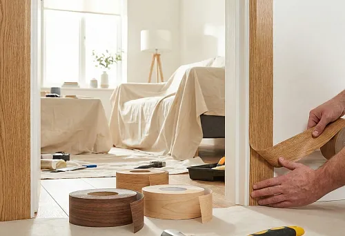 Self-adhesive wood-look interior tape: a craftsman covers a doorway, creating a neat wooden trim effect without dismantling