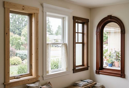 Interior window casings in interiors with various decorative design options