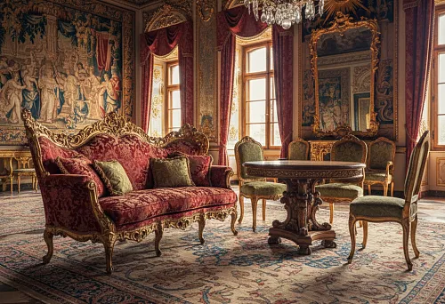 Luxurious Baroque-style interior with carved furniture, rich fabrics, and gold details, demonstrating an example of harmonious use of accent pieces without overloading the space.