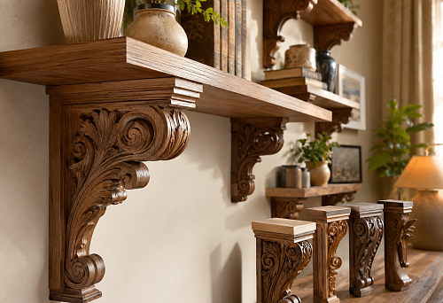 Decorative wooden supports for a wall shelf in the interior
