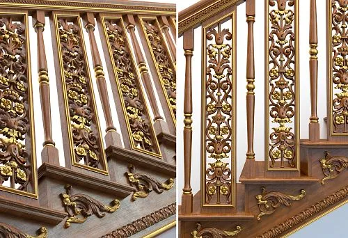 Luxurious Solid Wood Staircase with Carved Balusters and Gold Decor