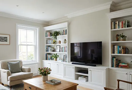 MDF cornices for painting on built-in TV area: neat finishing of furniture and walls