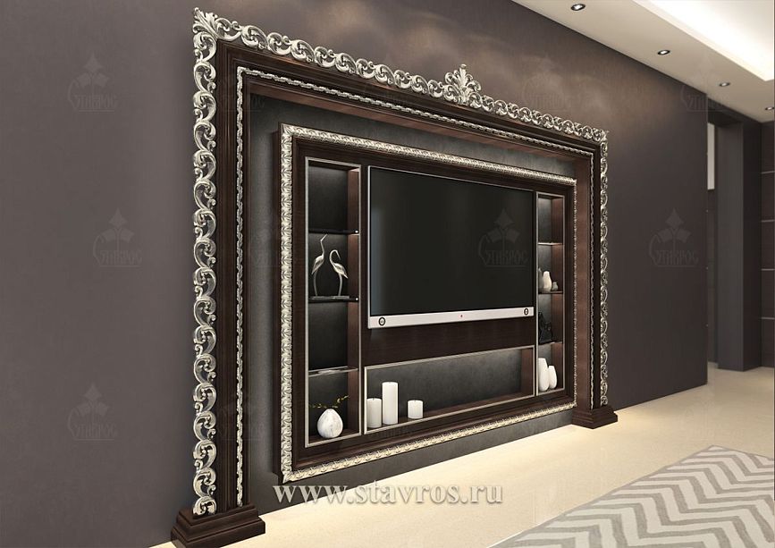 Three-dimensional carved TV frame RTV-007 with side niches adorned with stylish accessories.