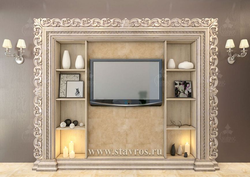 Carved wooden frame RTV-002 with TV and built-in shelves