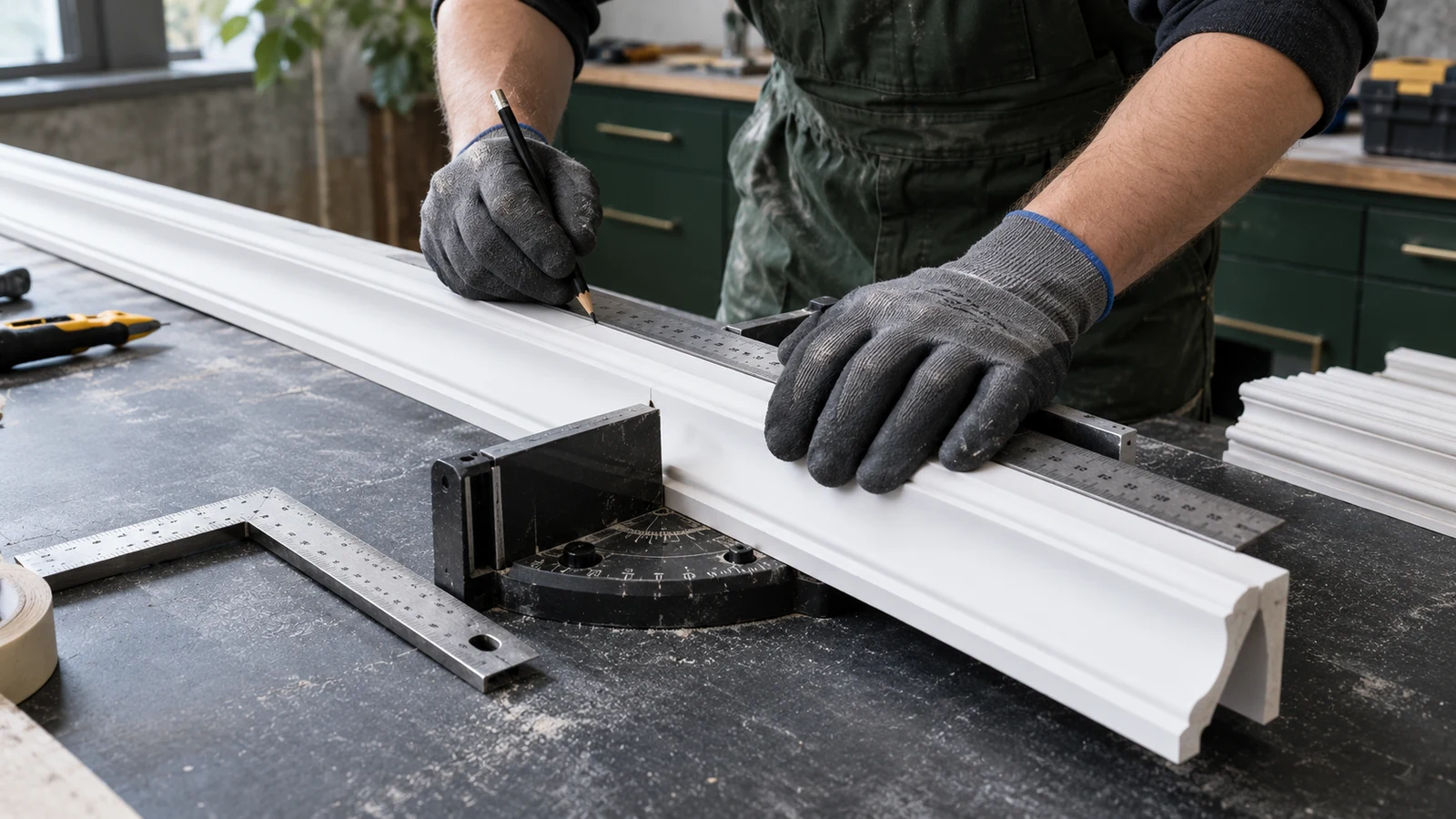 Large working plan: a craftsman marks a white decorative profile before cutting