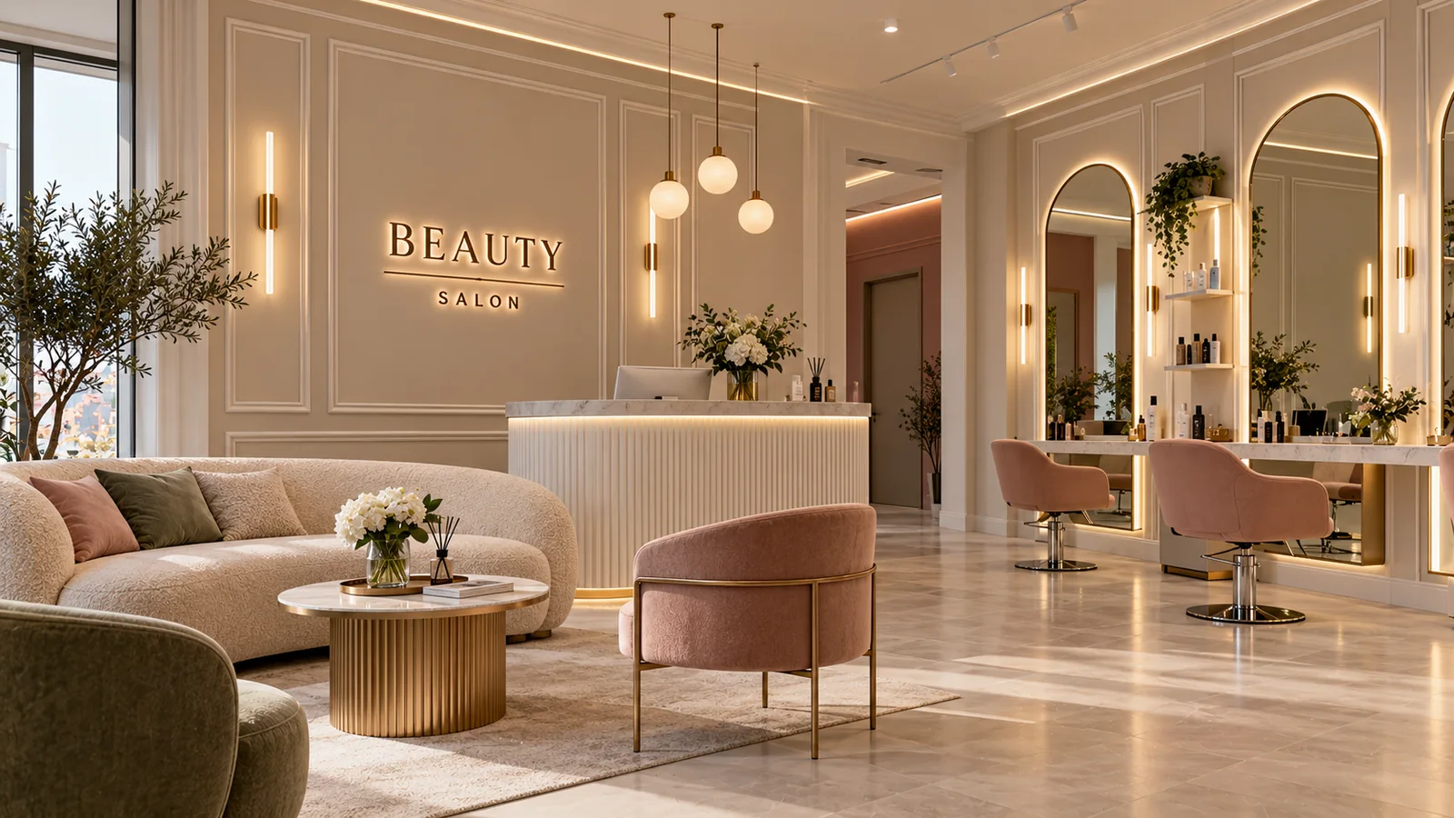 Beauty salon test area: wall moldings, mirrors, and a unified finish palette